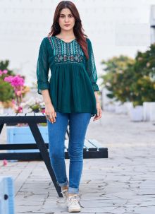 Teal Georgette Embroidered Casual Kurti