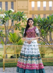 Traditional White Patola Printed Ready To Wear Gown For Women