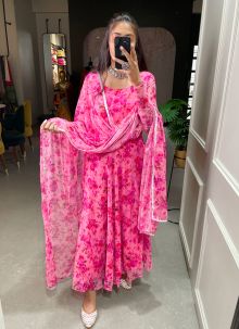 Trending Pink Floral Printed Anarkali Style Chiffon Kurti For Girl