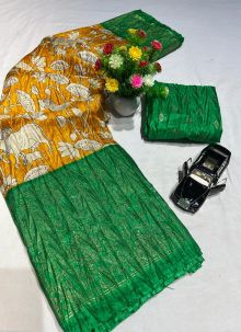 Trendy Yellow Color Dola Silk Saree With Blouse Piece
