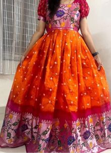 Unique Printed Gown In Orange