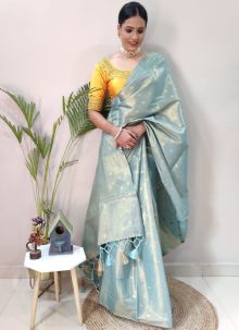 Uppada Cotton Dusty Blue Latest Saree With Ready Made Designer Blouse
