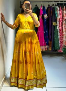Wedding Special Embroidery Work Yellow Color Gown