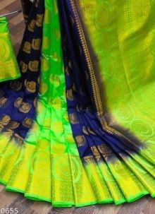 Women Trendy Navy Blue Kanjivaram Soft Silk Saree With Blouse Piece