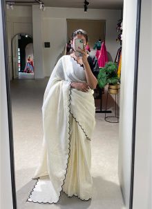Wonderful Cream Arca Work Gadhawal Chex Event Wear Saree With Ready Made Blouse