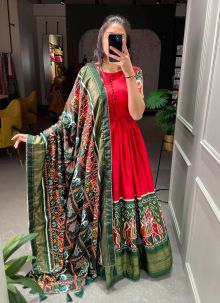 Wonderful Red Patola And Foil Printed Dola Silk Gown