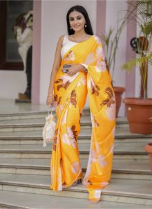 Yellow Digital Print Satin Silk Saree With Ready Made Blouse