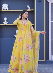 Yellow Tabby Silk With Rich Flower Print Gown With Dupatta